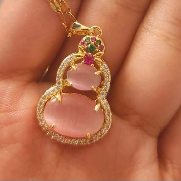 Gold Plated Pink, Red, And Colorful Cat's Eye Stone Gourd Chain Necklace - Picture 6 of 9